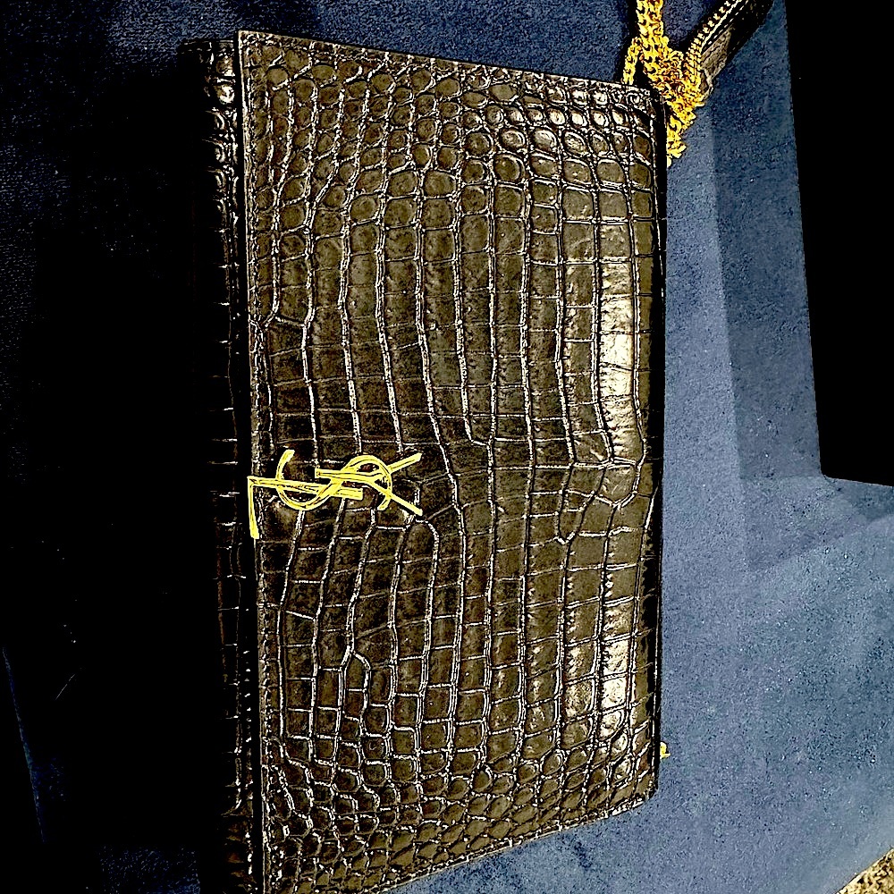 YSL Black Croc Embossed Clutch with Gold Chain
